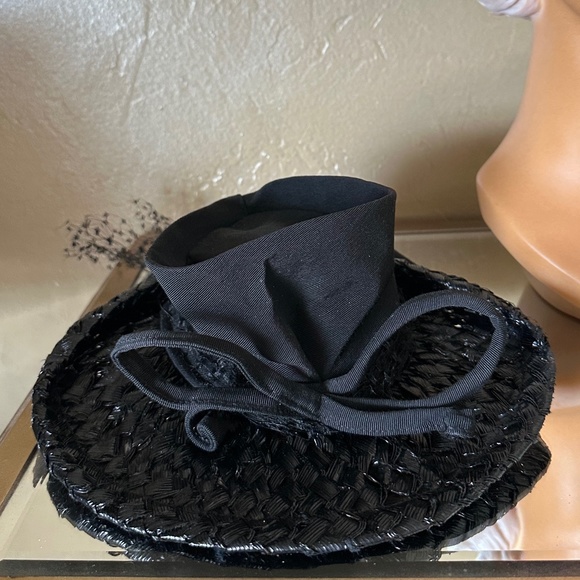 ASTOUNDING 1930s\' BLACK TILT FEDORA WITH GROSGRAIN CROWN + STRAW BRIM + STRAP main image 5